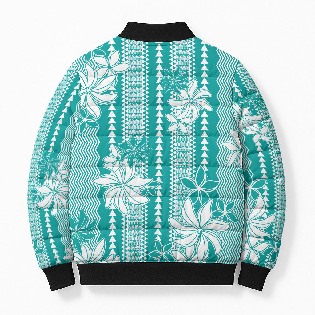 Hawaii Kakau Tribal Bomber Puffer Jacket With Teal Tiare