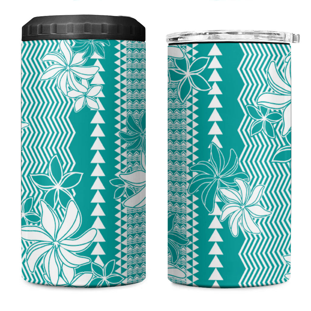 Hawaii Kakau Tribal 4 in 1 Can Cooler Tumbler With Teal Tiare