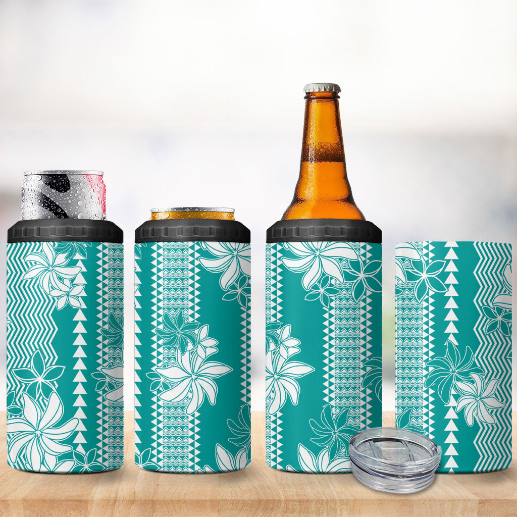 Hawaii Kakau Tribal 4 in 1 Can Cooler Tumbler With Teal Tiare