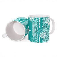 Hawaii Kakau Tribal Ceramic Mug With Teal Tiare