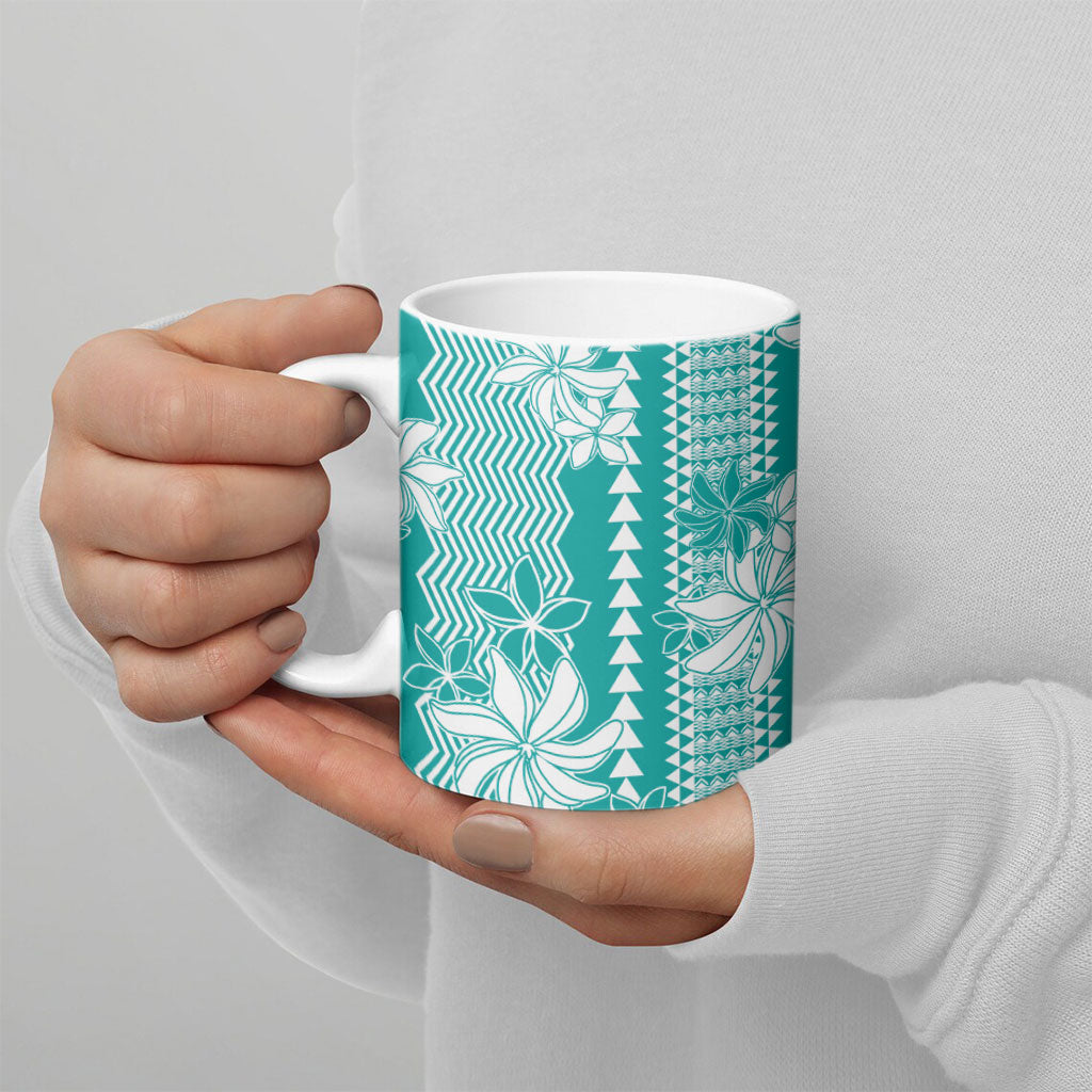 Hawaii Kakau Tribal Ceramic Mug With Teal Tiare
