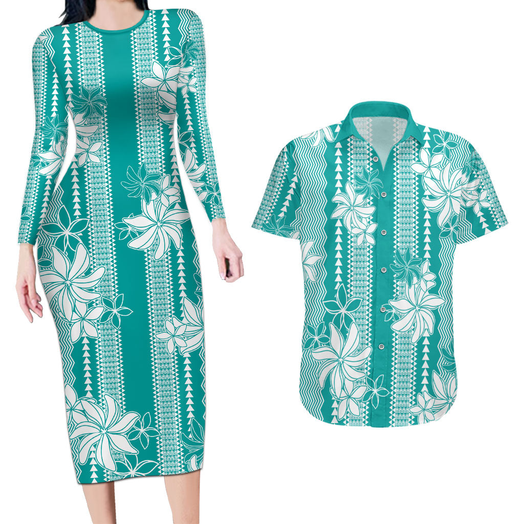 Hawaii Kakau Tribal Couples Matching Long Sleeve Bodycon Dress and Hawaiian Shirt With Teal Tiare LT05 Teal - Polynesian Pride