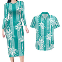 Hawaii Kakau Tribal Couples Matching Long Sleeve Bodycon Dress and Hawaiian Shirt With Teal Tiare