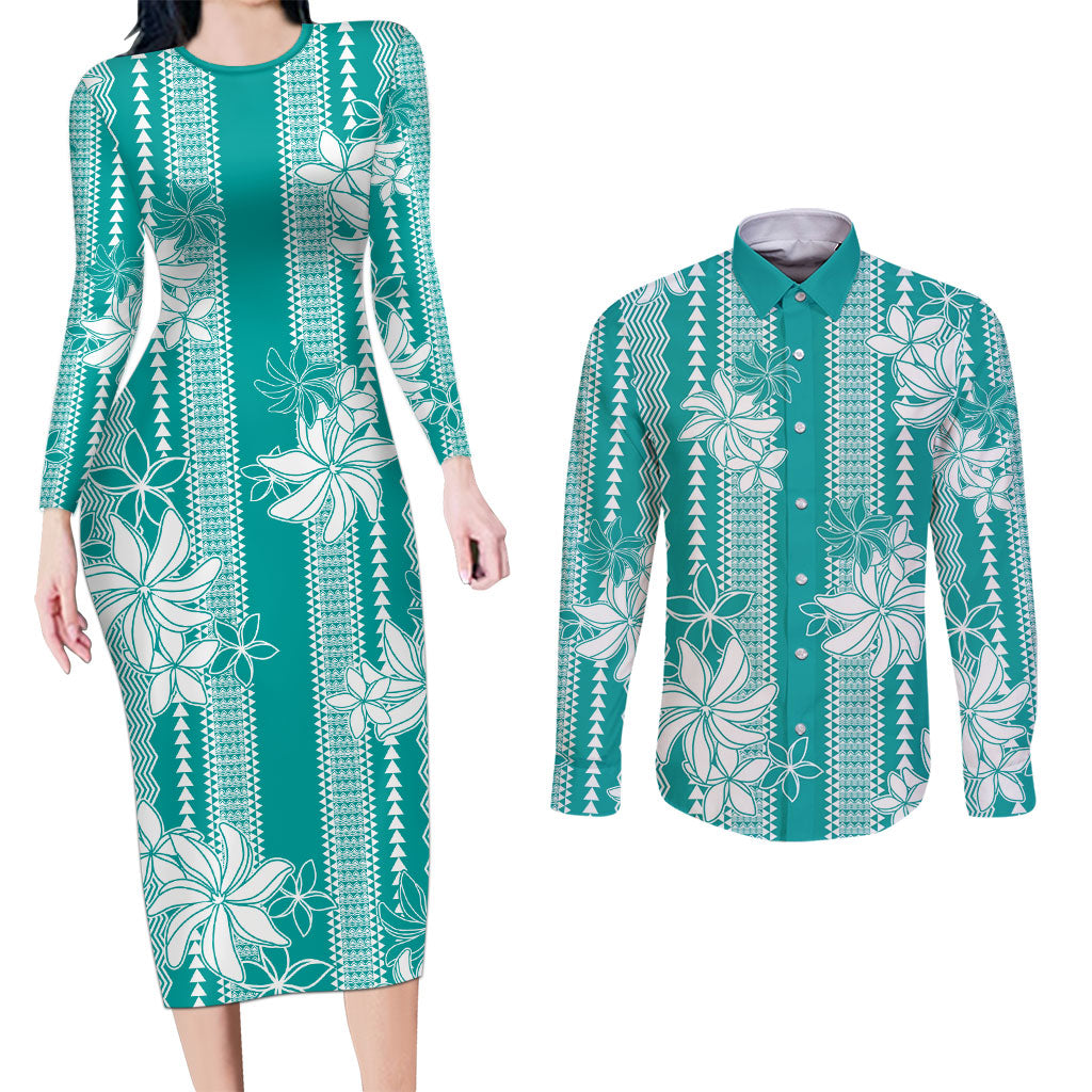 Hawaii Kakau Tribal Couples Matching Long Sleeve Bodycon Dress and Long Sleeve Button Shirt With Teal Tiare