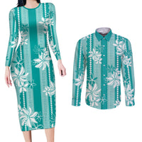 Hawaii Kakau Tribal Couples Matching Long Sleeve Bodycon Dress and Long Sleeve Button Shirt With Teal Tiare