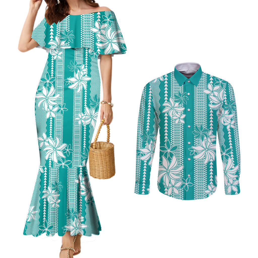 Hawaii Kakau Tribal Couples Matching Mermaid Dress and Long Sleeve Button Shirt With Teal Tiare LT05 Teal - Polynesian Pride