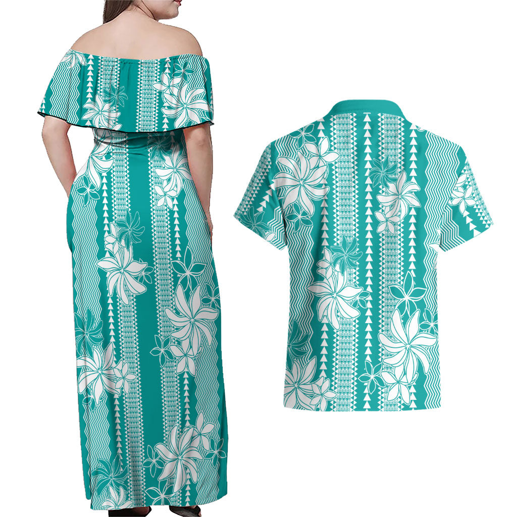 Hawaii Kakau Tribal Couples Matching Off Shoulder Maxi Dress and Hawaiian Shirt With Teal Tiare