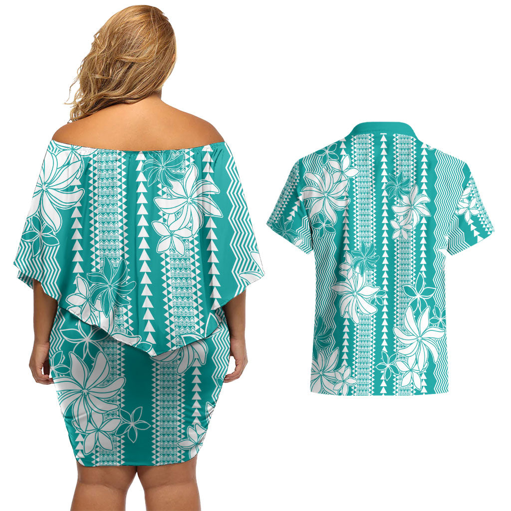 Hawaii Kakau Tribal Couples Matching Off Shoulder Short Dress and Hawaiian Shirt With Teal Tiare