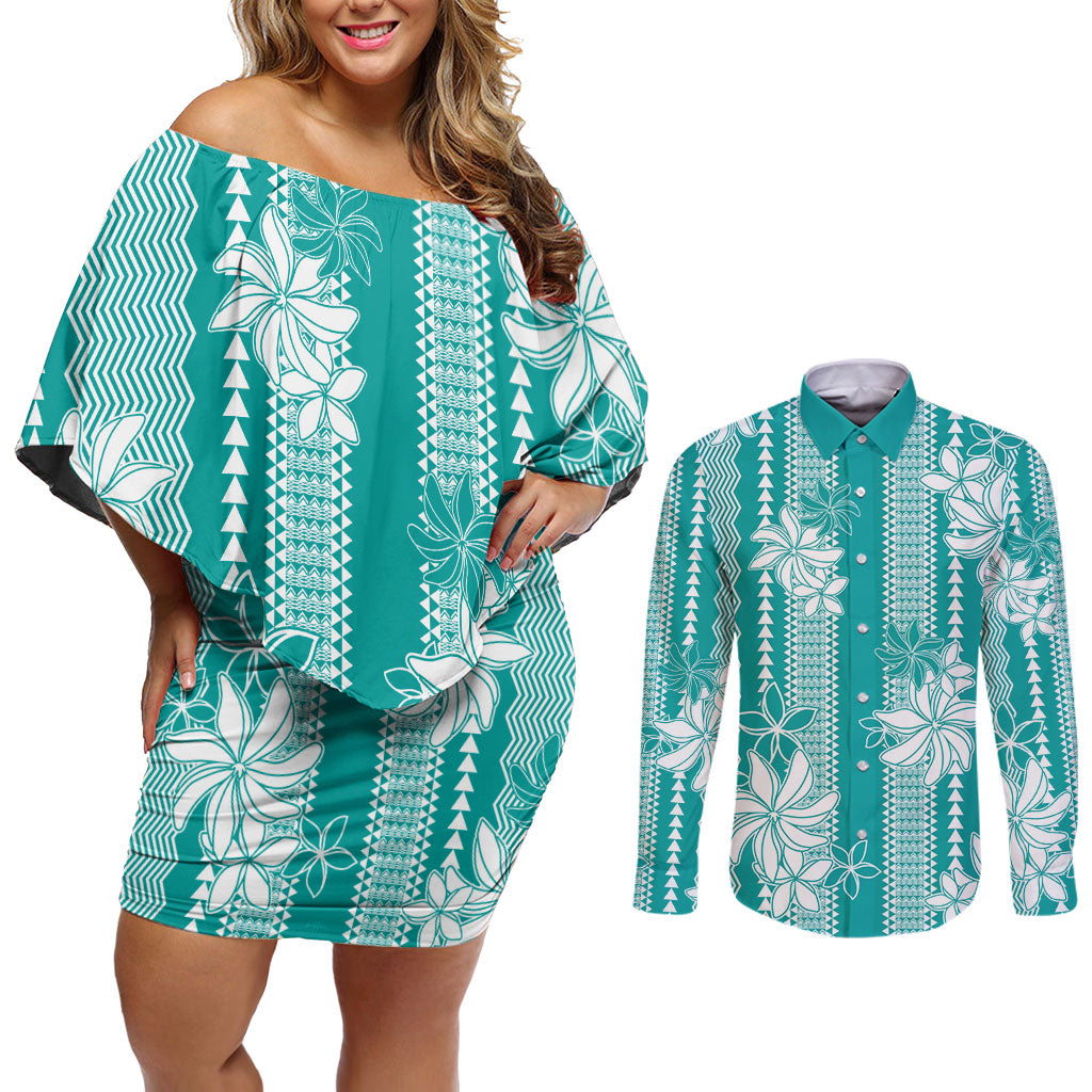 Hawaii Kakau Tribal Couples Matching Off Shoulder Short Dress and Long Sleeve Button Shirt With Teal Tiare