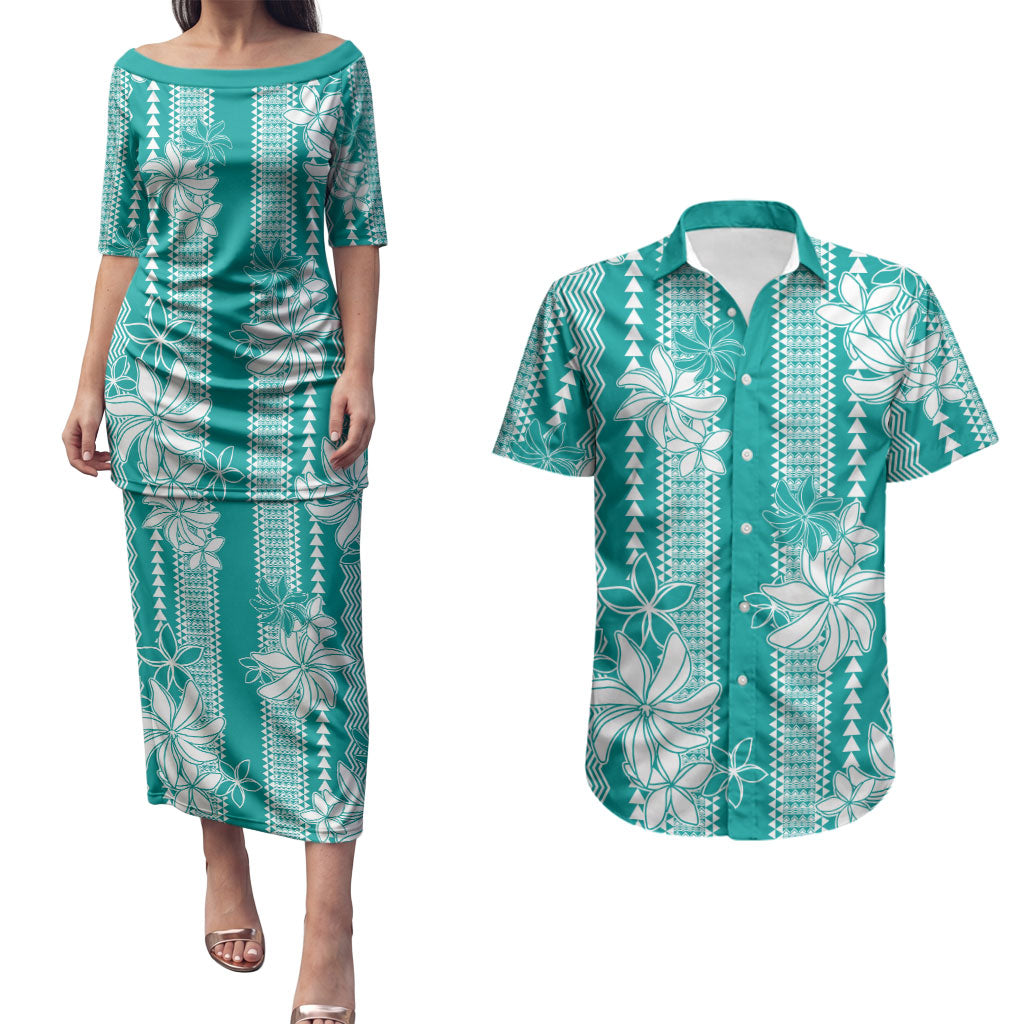 Hawaii Kakau Tribal Couples Matching Puletasi and Hawaiian Shirt With Teal Tiare LT05 Teal - Polynesian Pride