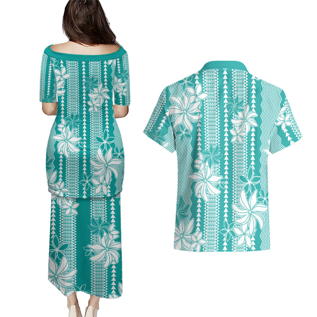 Hawaii Kakau Tribal Couples Matching Puletasi and Hawaiian Shirt With Teal Tiare