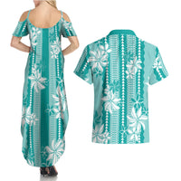 Hawaii Kakau Tribal Couples Matching Summer Maxi Dress and Hawaiian Shirt With Teal Tiare