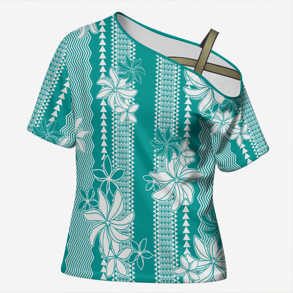 Hawaii Kakau Tribal Cross Shoulder Shirt With Teal Tiare