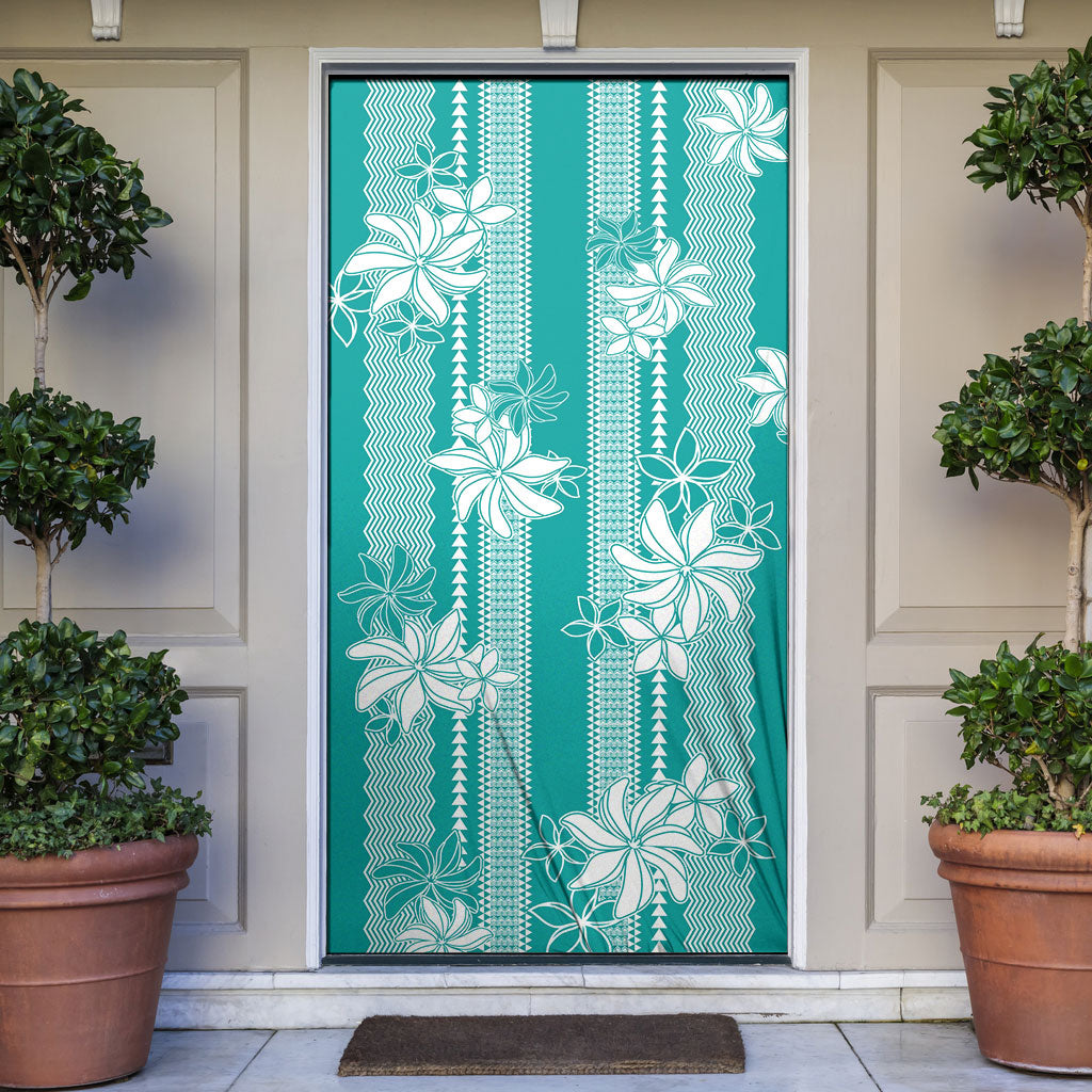 Hawaii Kakau Tribal Door Cover With Teal Tiare LT05 Teal - Polynesian Pride
