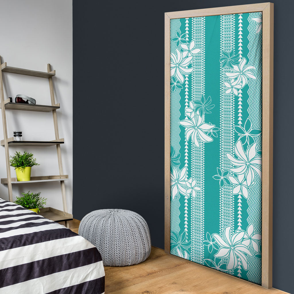 Hawaii Kakau Tribal Door Cover With Teal Tiare