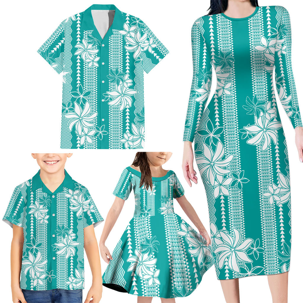 Hawaii Kakau Tribal Family Matching Long Sleeve Bodycon Dress and Hawaiian Shirt With Teal Tiare