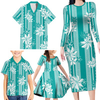 Hawaii Kakau Tribal Family Matching Long Sleeve Bodycon Dress and Hawaiian Shirt With Teal Tiare