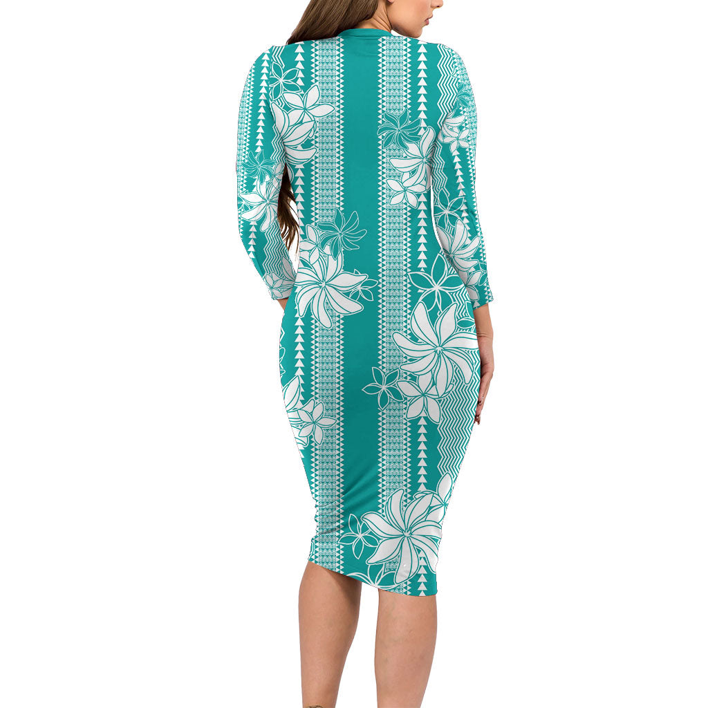 Hawaii Kakau Tribal Family Matching Long Sleeve Bodycon Dress and Hawaiian Shirt With Teal Tiare
