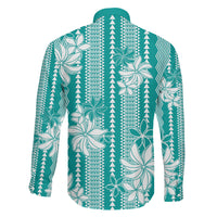 Hawaii Kakau Tribal Family Matching Off The Shoulder Long Sleeve Dress and Hawaiian Shirt With Teal Tiare