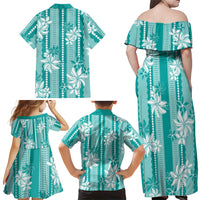 Hawaii Kakau Tribal Family Matching Off Shoulder Maxi Dress and Hawaiian Shirt With Teal Tiare