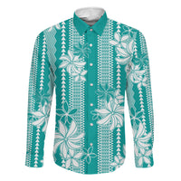Hawaii Kakau Tribal Family Matching Off Shoulder Maxi Dress and Hawaiian Shirt With Teal Tiare