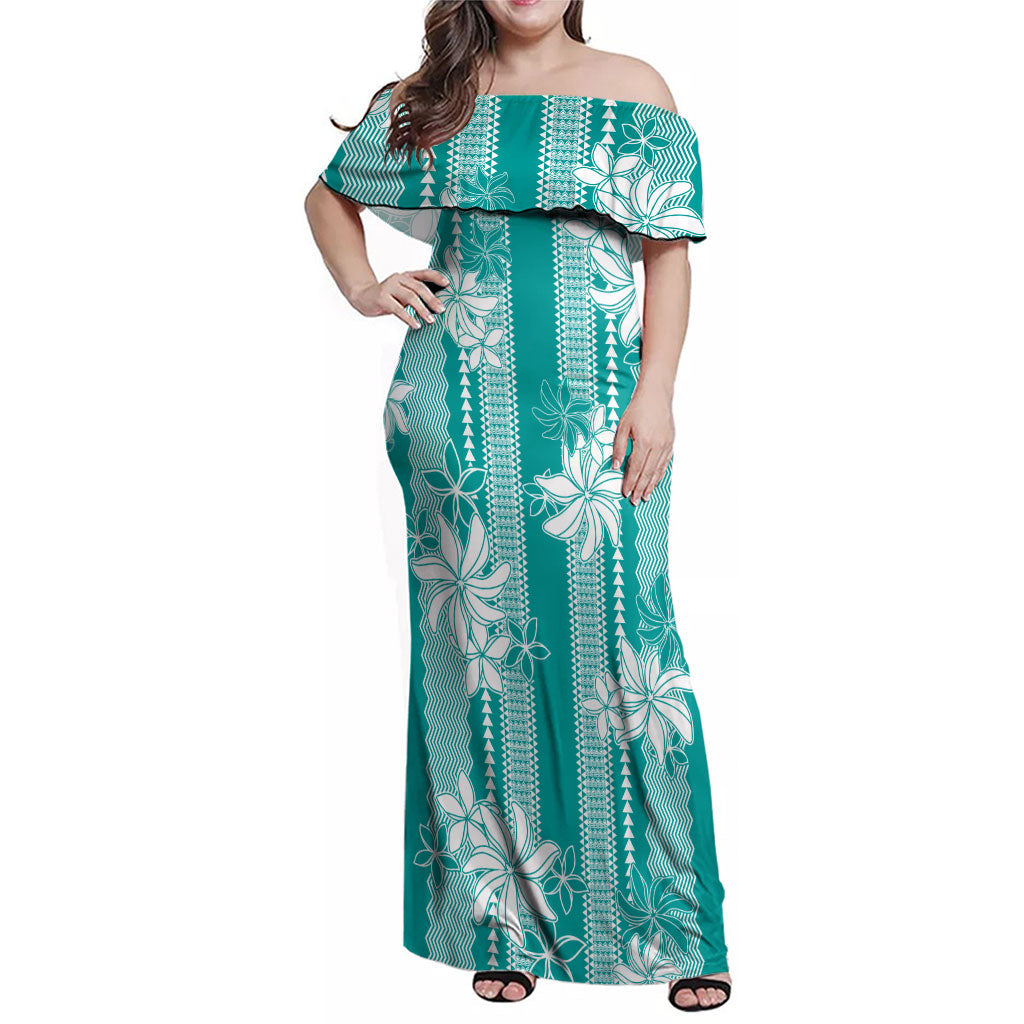 Hawaii Kakau Tribal Family Matching Off Shoulder Maxi Dress and Hawaiian Shirt With Teal Tiare