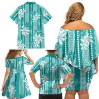 Hawaii Kakau Tribal Family Matching Off Shoulder Short Dress and Hawaiian Shirt With Teal Tiare