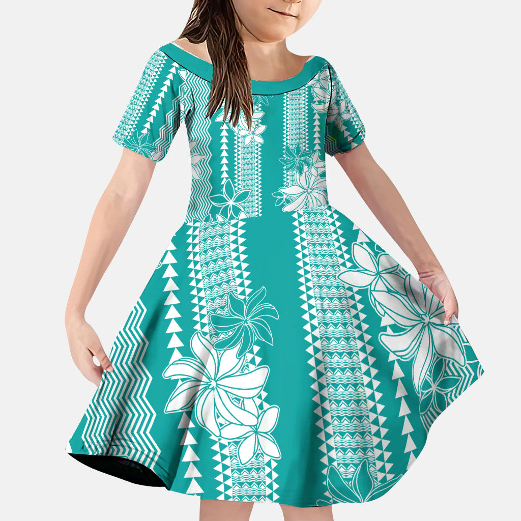 Hawaii Kakau Tribal Family Matching Puletasi and Hawaiian Shirt With Teal Tiare