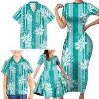 Hawaii Kakau Tribal Family Matching Short Sleeve Bodycon Dress and Hawaiian Shirt With Teal Tiare