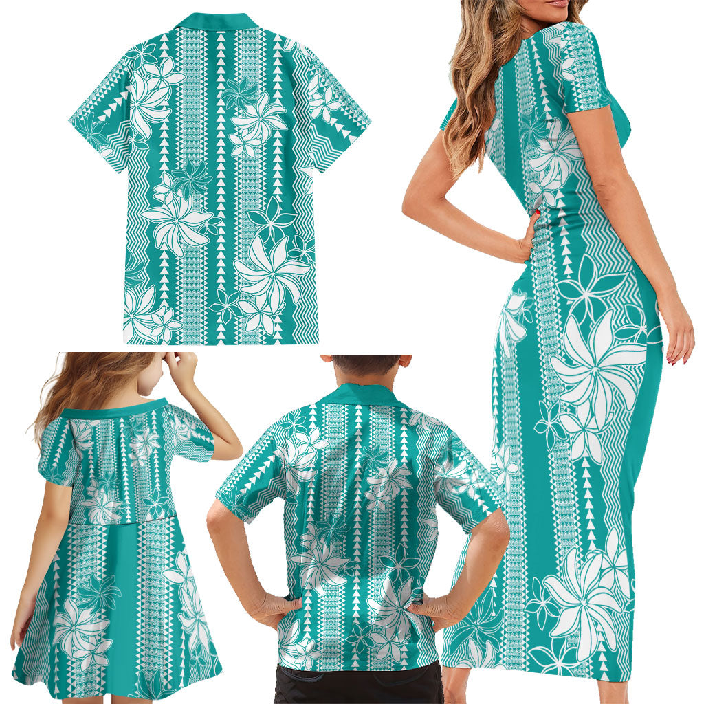 Hawaii Kakau Tribal Family Matching Short Sleeve Bodycon Dress and Hawaiian Shirt With Teal Tiare