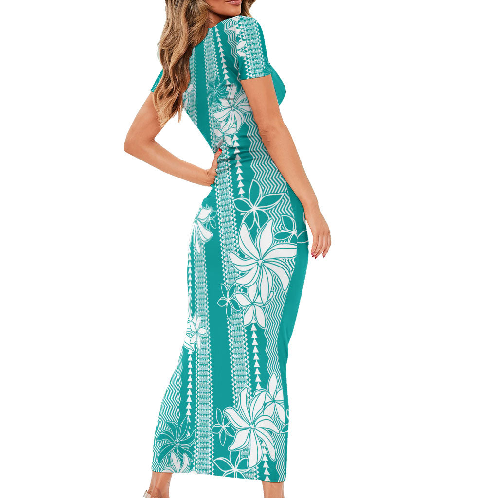 Hawaii Kakau Tribal Family Matching Short Sleeve Bodycon Dress and Hawaiian Shirt With Teal Tiare