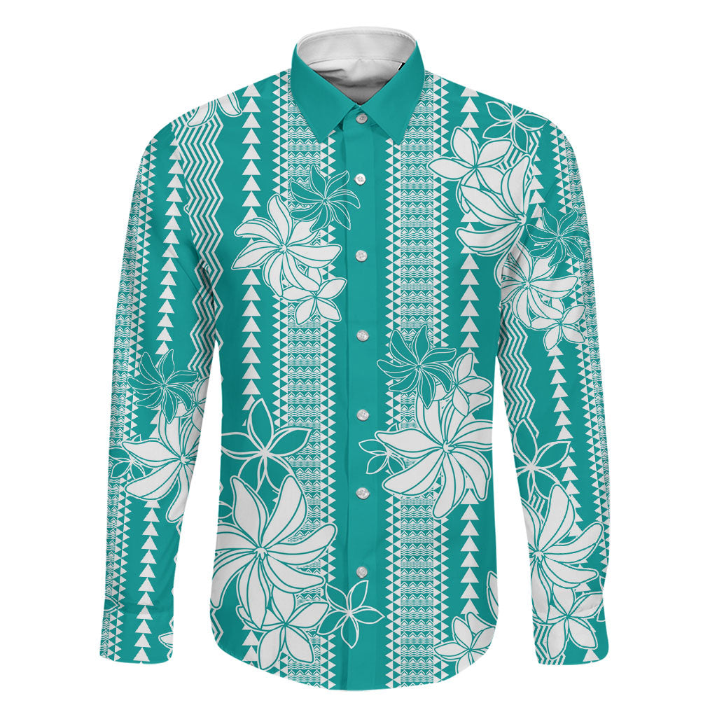 Hawaii Kakau Tribal Family Matching Tank Maxi Dress and Hawaiian Shirt With Teal Tiare