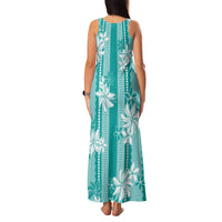 Hawaii Kakau Tribal Family Matching Tank Maxi Dress and Hawaiian Shirt With Teal Tiare