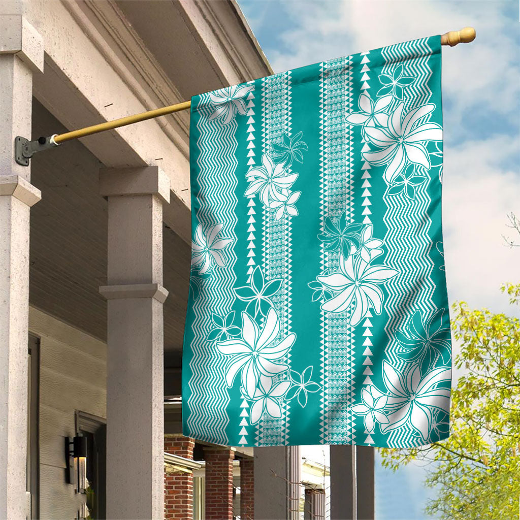 Hawaii Kakau Tribal Garden Flag With Teal Tiare LT05 House Flag Teal - Polynesian Pride