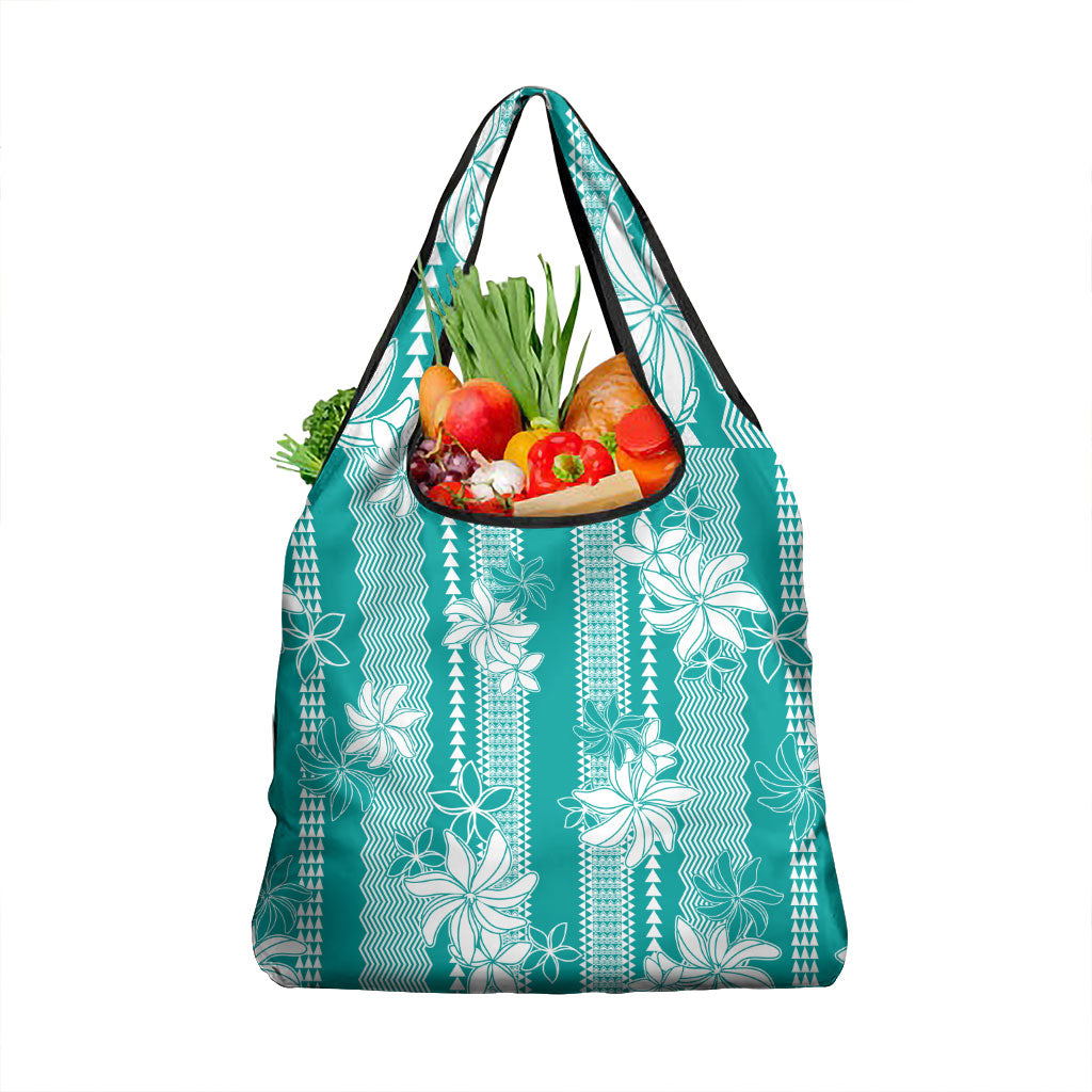 Hawaii Kakau Tribal Grocery Bag With Teal Tiare