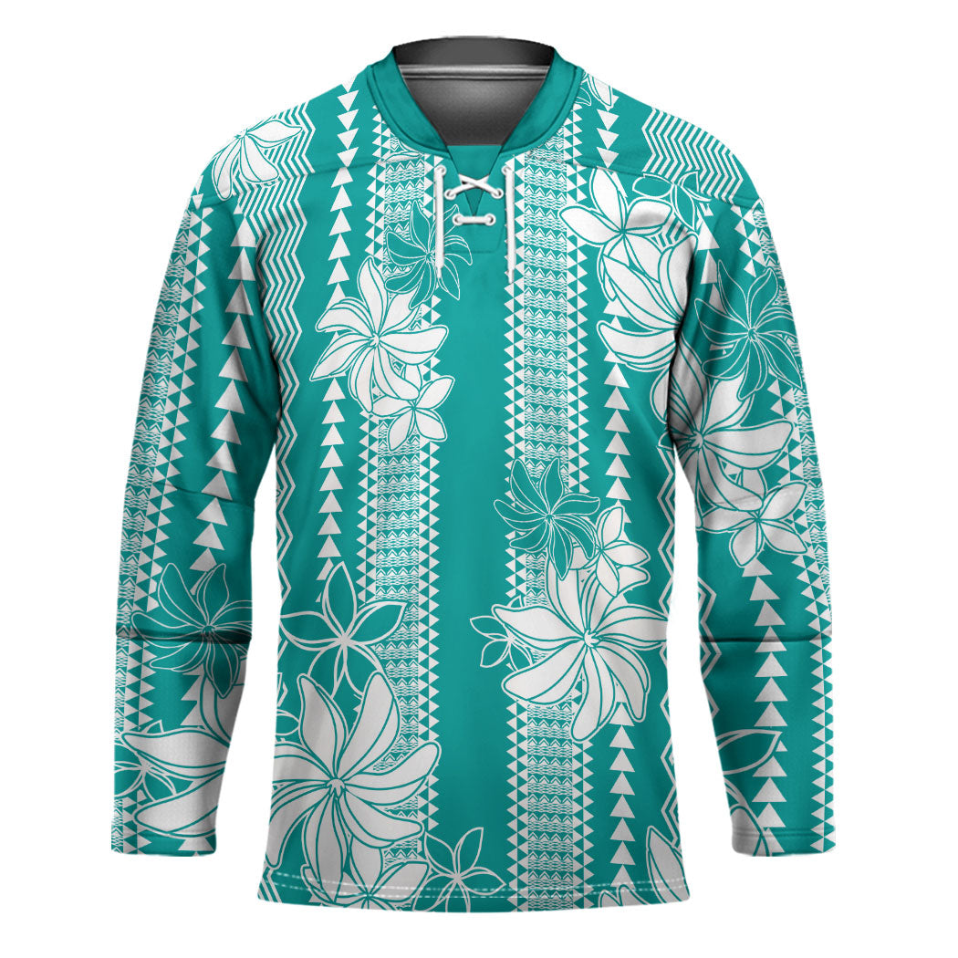 Hawaii Kakau Tribal Hockey Jersey With Teal Tiare