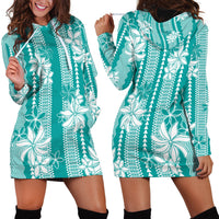 Hawaii Kakau Tribal Hoodie Dress With Teal Tiare