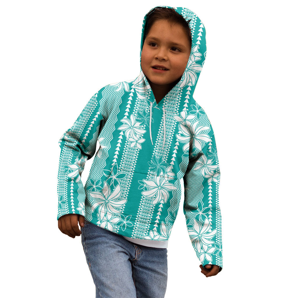 Hawaii Kakau Tribal Kid Hoodie With Teal Tiare