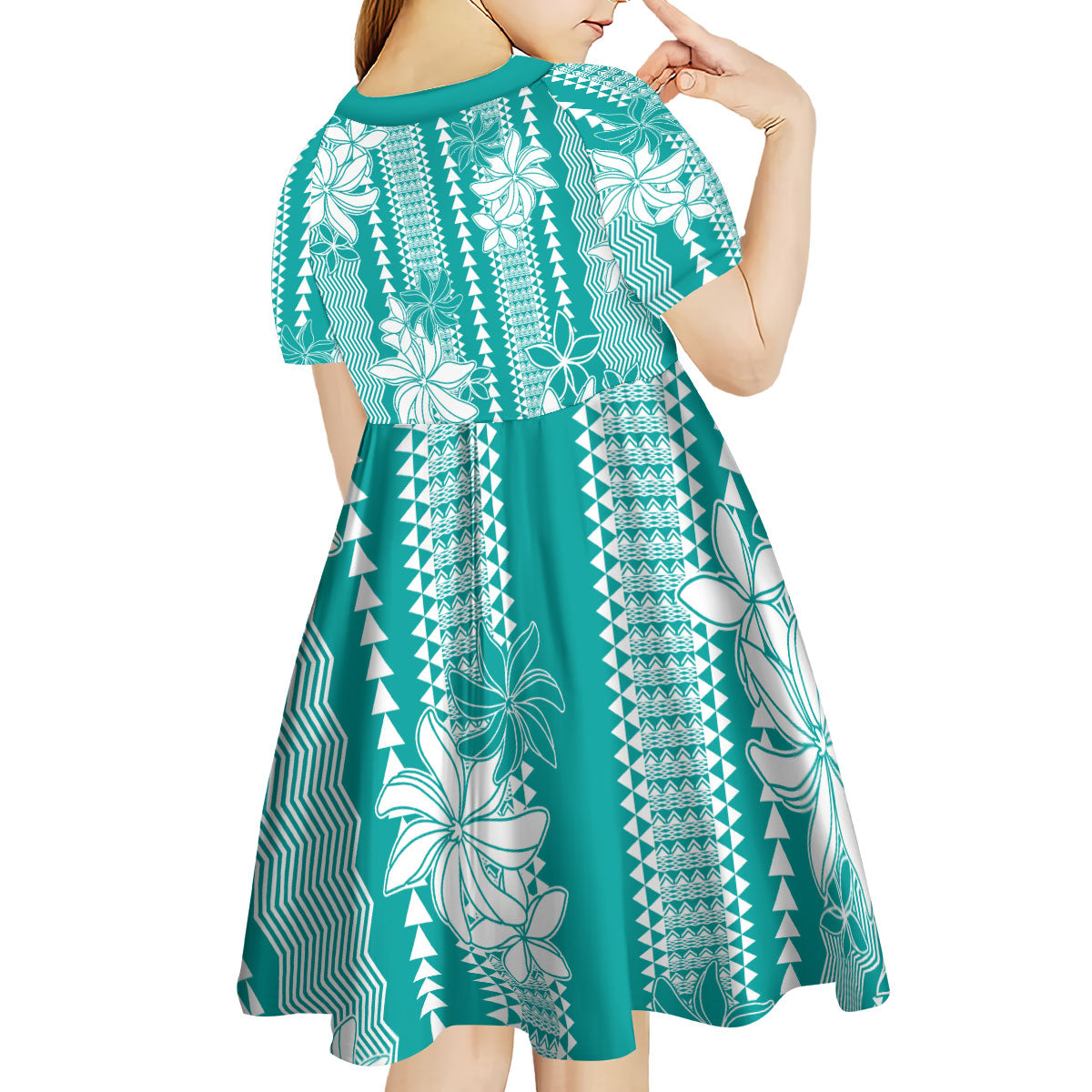 Hawaii Kakau Tribal Kid Short Sleeve Dress With Teal Tiare