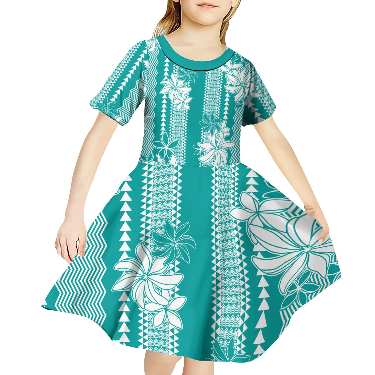 Hawaii Kakau Tribal Kid Short Sleeve Dress With Teal Tiare