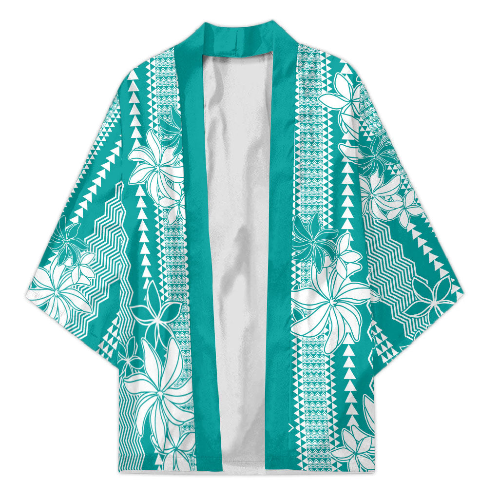 Hawaii Kakau Tribal Kimono With Teal Tiare