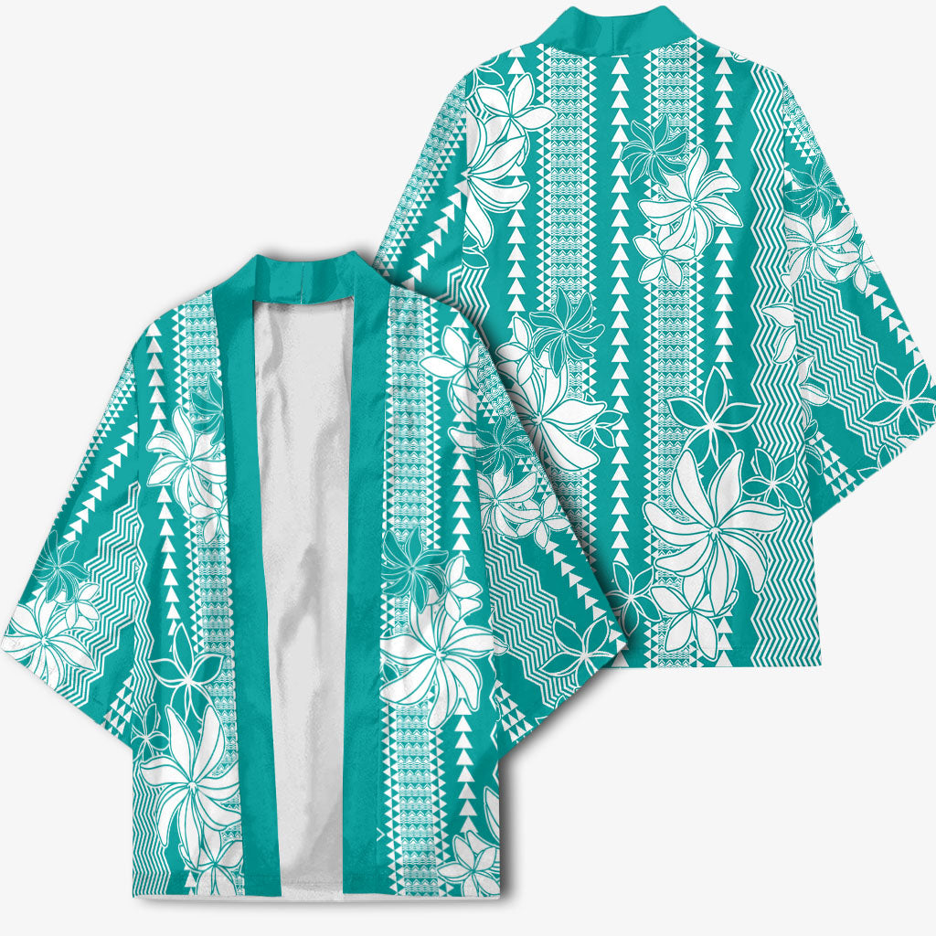 Hawaii Kakau Tribal Kimono With Teal Tiare