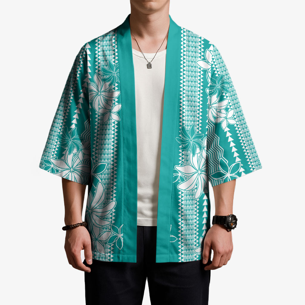Hawaii Kakau Tribal Kimono With Teal Tiare