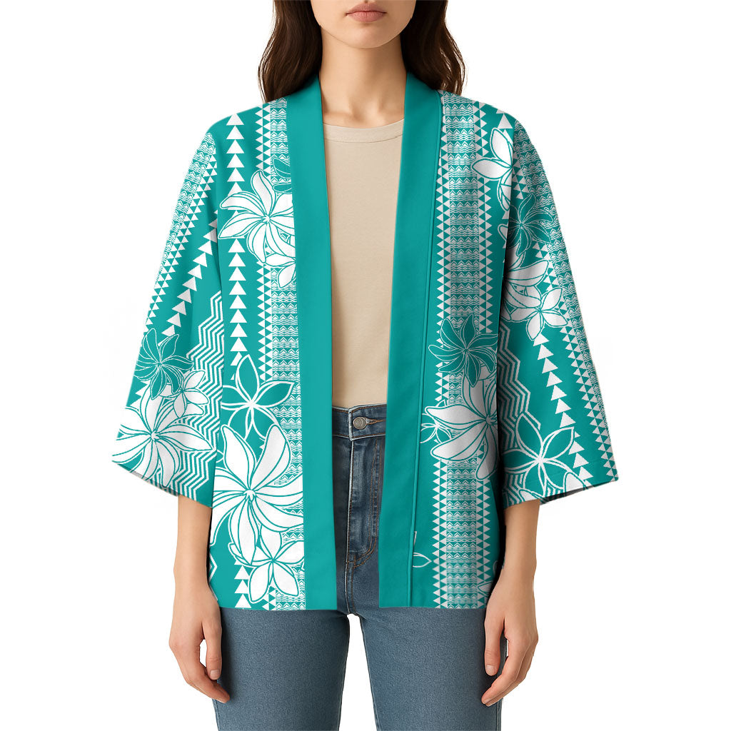 Hawaii Kakau Tribal Kimono With Teal Tiare