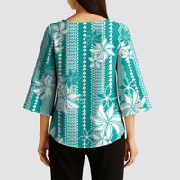 Hawaii Kakau Tribal Kimono Sleeve Blouse With Teal Tiare