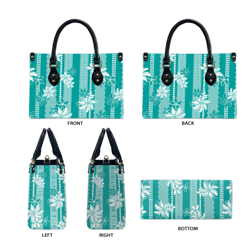 Hawaii Kakau Tribal Leather Bag With Teal Tiare