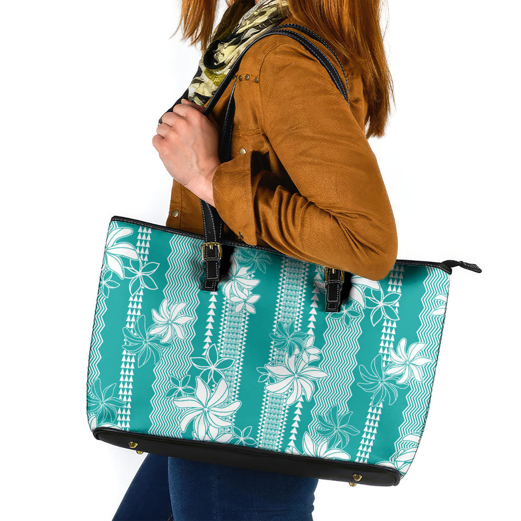 Hawaii Kakau Tribal Leather Tote Bag With Teal Tiare