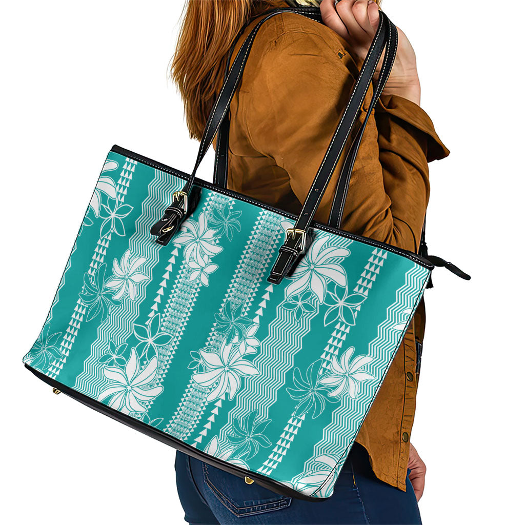Hawaii Kakau Tribal Leather Tote Bag With Teal Tiare