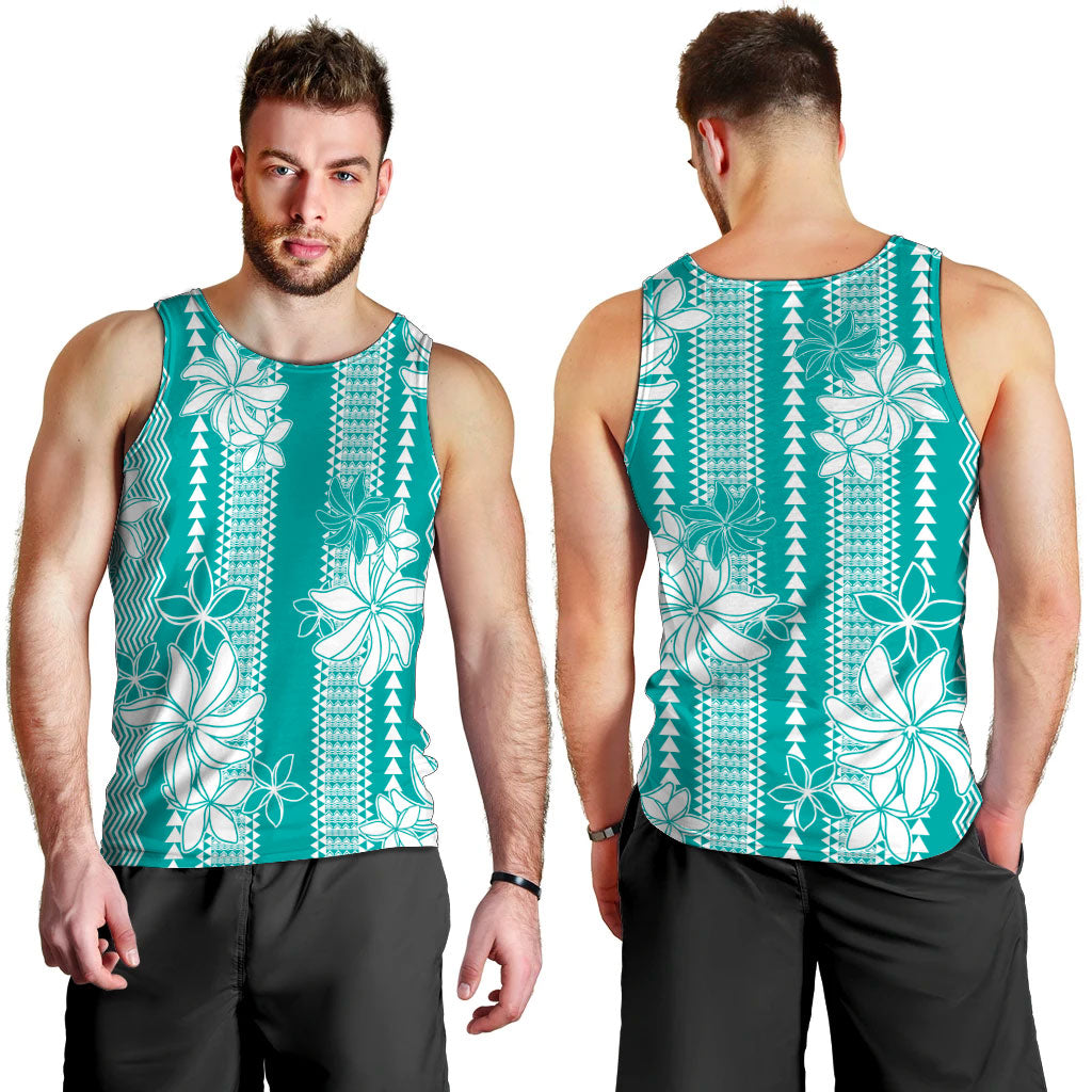 Hawaii Kakau Tribal Men Tank Top With Teal Tiare