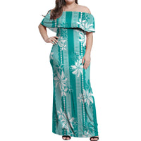 Hawaii Kakau Tribal Off Shoulder Maxi Dress With Teal Tiare